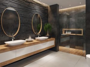 Black Bathroom With with wooden furniture
